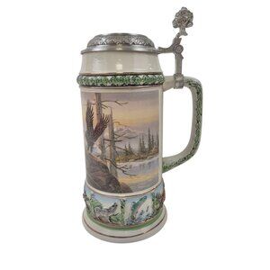 Domex Beer Stein Pewter Flip Lid Stoneware Body Eagles Gold Trim Vintage